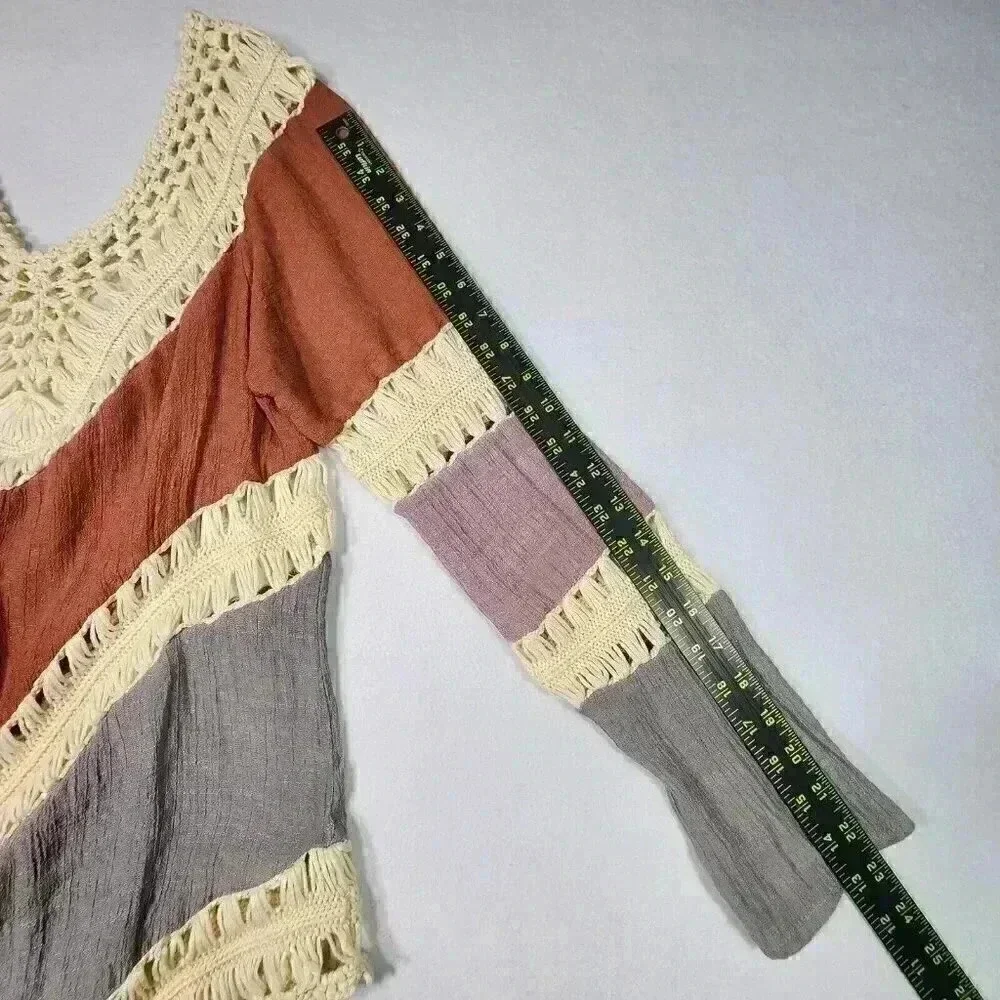 Women's Crochet Crinkle V-Neck Tunic Hippie BOHO Peasant‎ Coverup Earthy Blouse